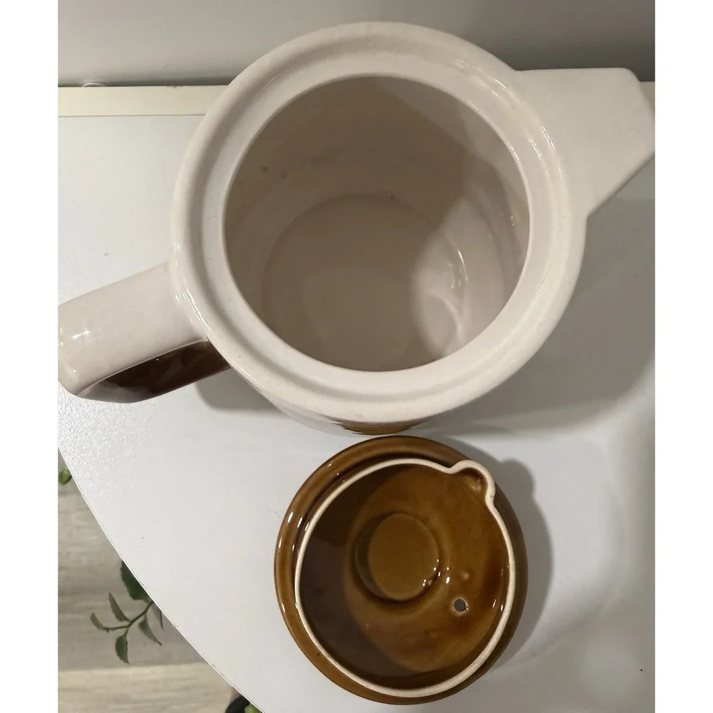 Vintage Pottery Tea Pot Creamer Tan Brown Specked Glaze with Lid Made in Japan